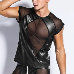 strong men faux leather spliced with mesh t shirt